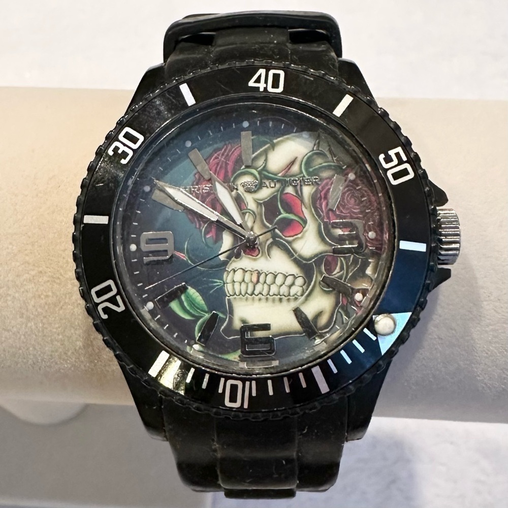 Christian Audigier Unisex Eternity Skull Roses Black Silicone Band Watch goth